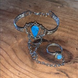 Turquoise and silver bracelet with attached ring